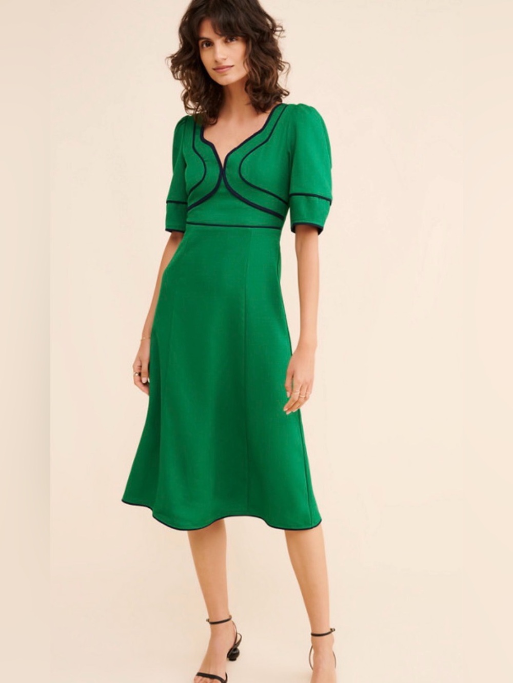 Adelyn Rae Sonia Emerald Green Midi Dress with Navy Contrast Piping sz Small EUC